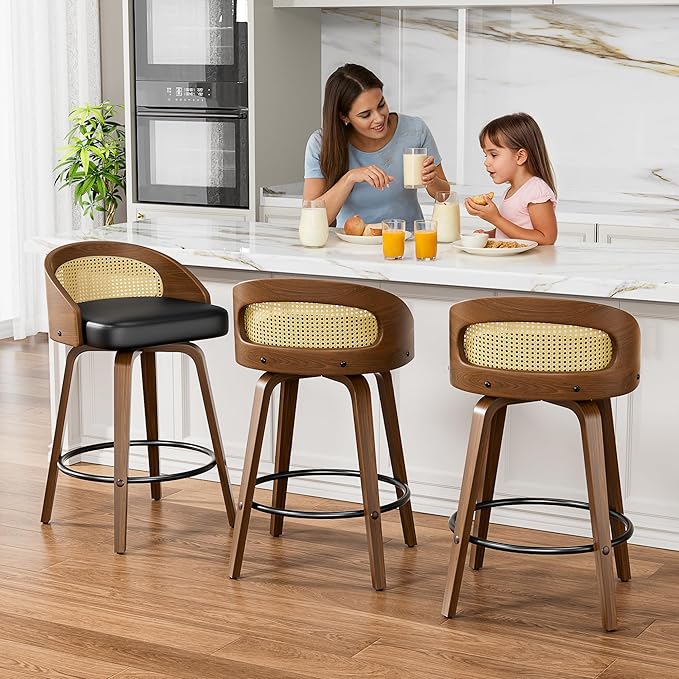 Swivel Bar Stools, 26" Upholstered Faux Leather Barstools with Bentwood Legs, Mid Century Modern Counter Height Bar Stools with Rattan Back for Kitchen Island, Dining Room, Black