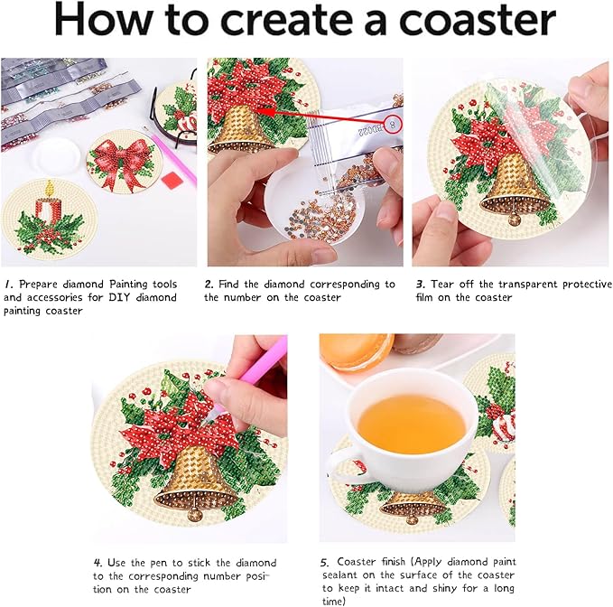 eniref 8 Pcs Christmas Diamond Art Coasters Kits with Holder, Chirstmas Bell Candy Candle Diamond Pinting Coasters Acrylic Cup Coaster with Cork Pads for Tabletop Protection 10×10 CM