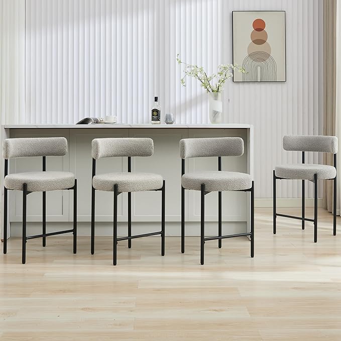 24'' Boucle Bar Stools Set of 2, Grey Bar Stools with Backs, Counter Height Bar Height Stools for Kitchen Island, Upholstered Bar Chairs