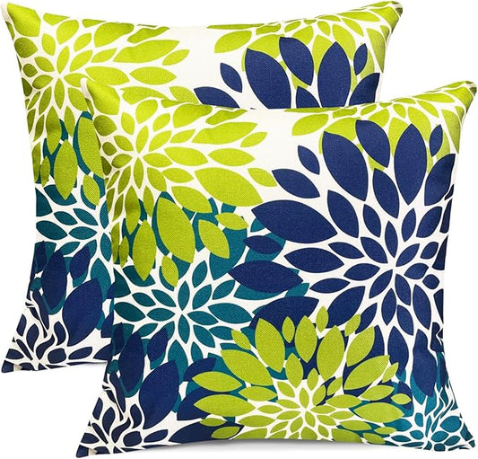 Decorative Throw Pillow Covers Set of 2 Blue Green Pillow Covers 22x22 Inch Couch Pillow Covers for Sofa Living Room Outdoor Throw Pillow Cover Linen Floral Flower Farmhouse Pillowcase