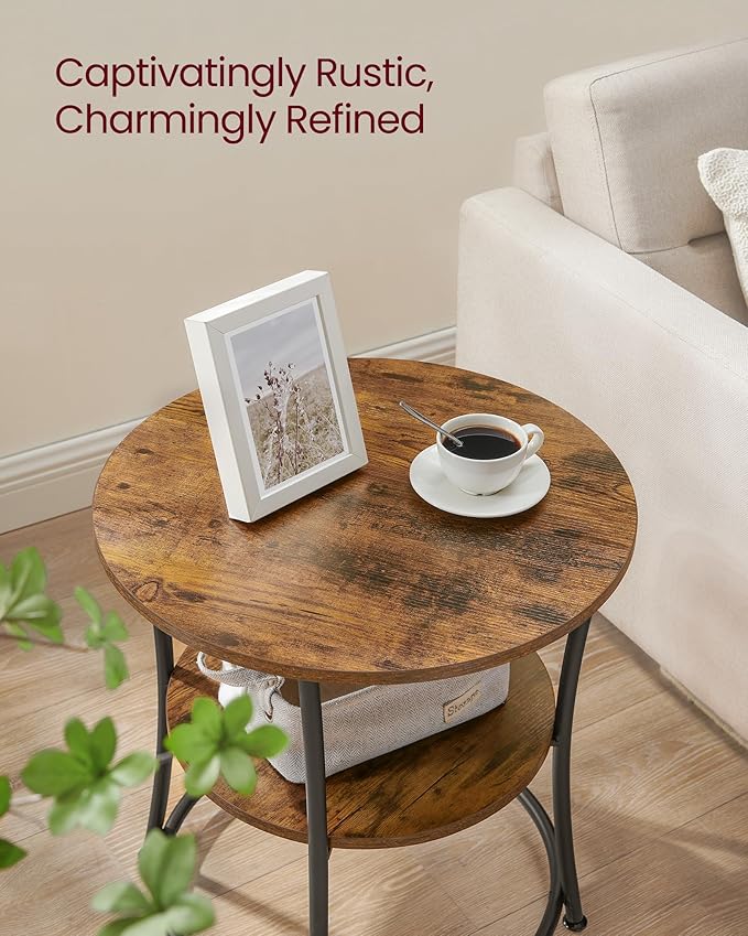 VASAGLE Side Table, 2-Tier Round End Table, Nightstand with Steel Frame for Small Spaces, Living Room, Bedroom, Rustic Brown and Ink Black