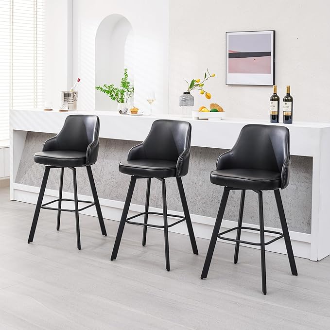 Bar Stools Set of 2, 30" Swivel Bar Height Bar Stools with High Back, Faux Leather Kitchen Bar Chairs for Kitchen Island (Black, 2PCS 30" Bar Stools)