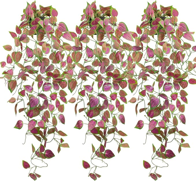 LOYWREE 3 Pack Artificial Purple Ivy Hanging Vine Plants - Small Potted Long Trailing Cascading Foliage, Gothic Home Decor for Indoor/Outdoor, Office, Garden & Shelf (Black Pot Included)