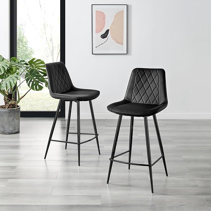 Bar Stool Chair - Pesaro Black Velvet Upholstered Dining Chair Black Metal Legs - Modern Style Diamond Quilted Stitching to Back - Contemporary Dining Kitchen Furniture