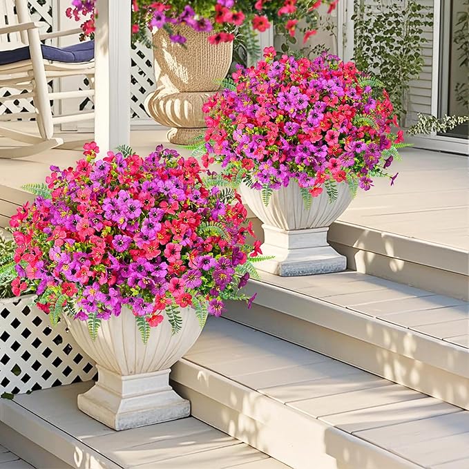 Artificial Faux Plants Flowers Outdoor Decoration,16 Bundles Fake Silk Colorful Daisy Eucalyptus Realistic UV Resistant for Outside Home Planter Porch Patio Yard Decor (Purple Red)