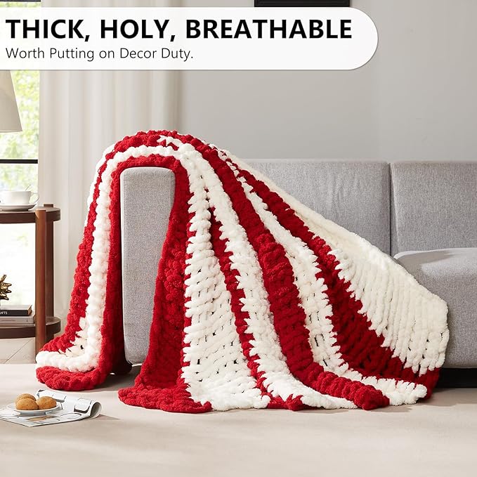 L'AGRATY Chunky Knit Blanket Throw - Soft Throw Blanket 50x60: 100% Hand Kintted Chenile Crochet Throw Blanket for Couch - Large Cable Knit Blanket for Home Decor (Red and White)