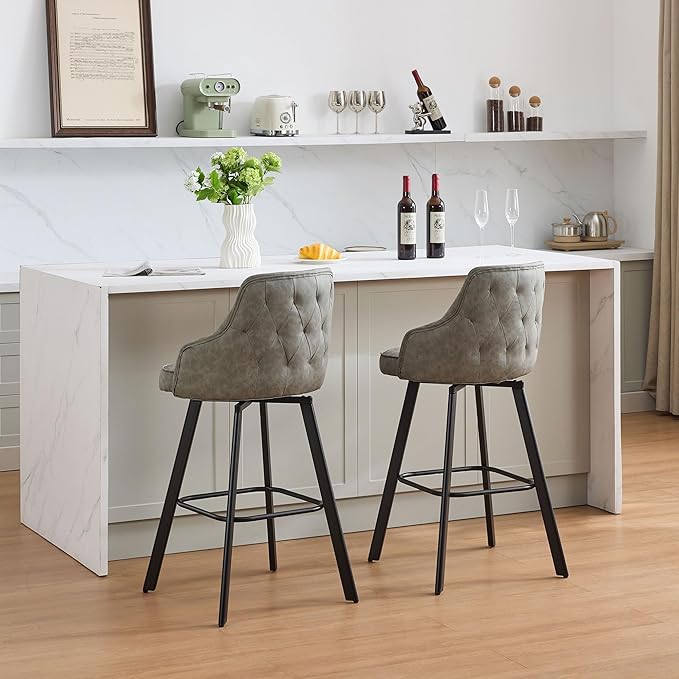 Bar Stools Set of 2, 30" Swivel Bar Height Bar stools with High Back, Faux Leather Kitchen Barstools Bar Height for Kitchen Island (Light Grey, 2PCS 30" Bar Stools)