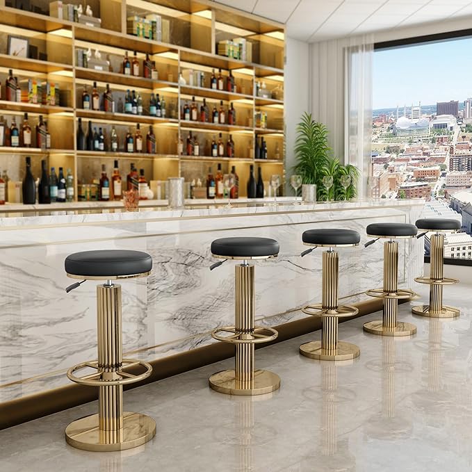 FUNROLUX Gold Bar Stools Adjustable Swivel Counter Stools Modern Backless Counter Height Bar Stools for Kitchen Island with Metal Legs and Upholstered Microfiber Leather (Black)