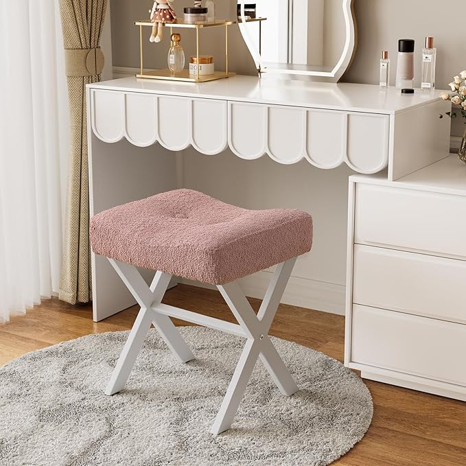 18-Inch Vanity Stool Chair, Vanity Bench with Metal X-Legs, Ottoman Accent Stool with Breathable and Soft Boucle Fabric Saddle Seat, Pink