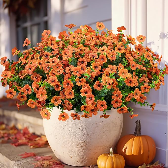 20 Bundles Artificial Flowers for Outdoor Fake Plants for Spring Decoration,Faux Eucalyptus Flowers for Planter UV Resistant Lifelike for Home Porch Garden（Orange）