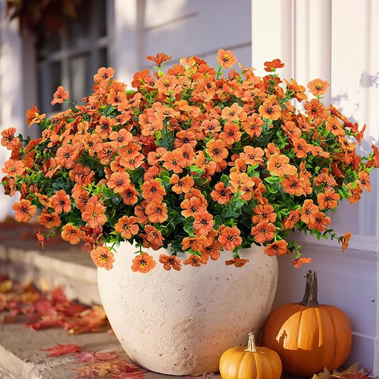 20 Bundles Artificial Flowers for Outdoor Fake Plants for Spring Decoration,Faux Eucalyptus Flowers for Planter UV Resistant Lifelike for Home Porch Garden（Orange）