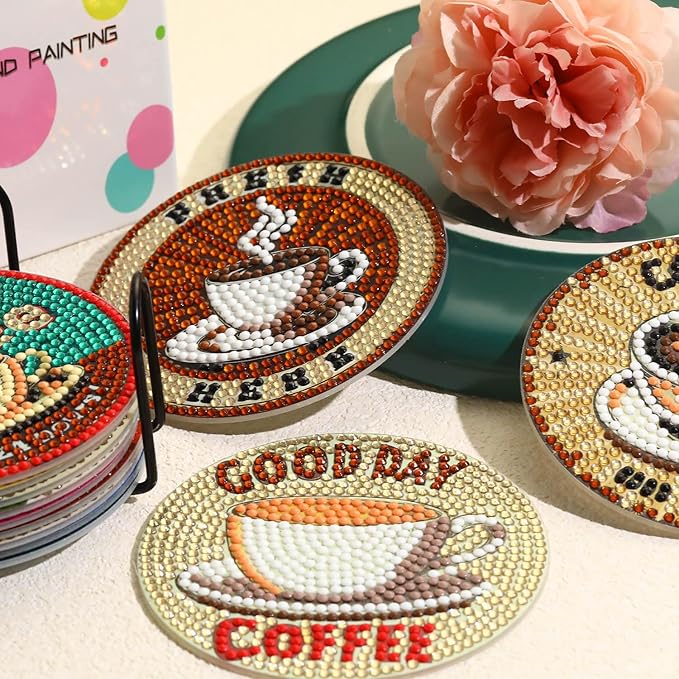 8 PCS Coffee Diamond Art Coasters Kits, Diamond Painting Coasters with Holder Set of 8, DIY Drink Coasters Art Crafts Supplies for Adults Cup Mat for Home Decor House Warming Gifts Non-Slip 3.9inch