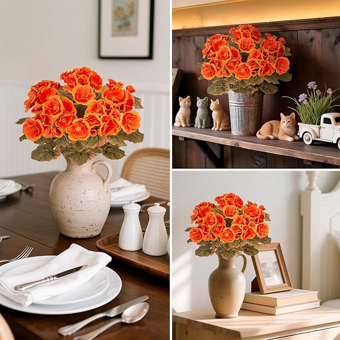 Fake Fall Flowers Artificial for Outdoors Decoration, 6 Bundles Faux Geranium Silk Flower Outside UV Resistant No Fade Artificial Floral for Home Garden Balcony Indoor Table Centerpieces Decor