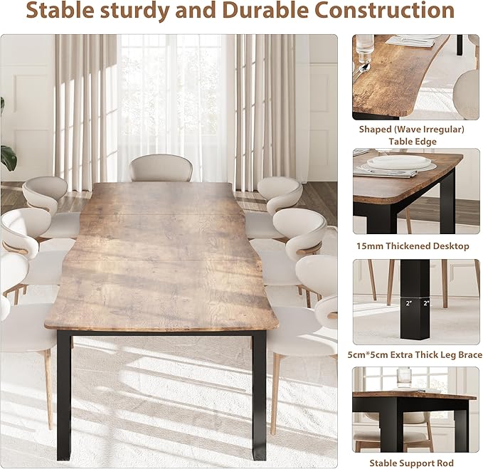 IDEALHOUSE 78.7”Dining Table with Wave Irregular Edge, 15mm Thick MDF Top & Metal Frame, for Kitchen, Quick Assembly, Wooden Kitchen Table for 6-8, Waterproof Scratch-Resistant, Retro Brown