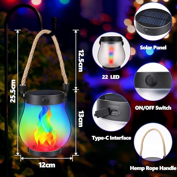 Christmas Solar Flame Lantern Hanging Outdoor Waterproof Purple - 2 Pack Flame Lanterns with Dual Charging Modes of Solar & USB for Garden or Yard Decorations (Multicolor - 1 Pack)