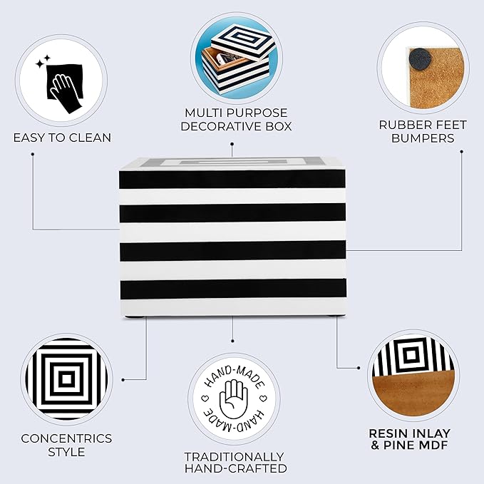 Handicrafts Home Small Decorative Box with Lid – 6x4.5x4” Trinket, Remote Control & Keepsake Memory Box, Decorative Accent for Coffee Table, Shelf, Mantle & Boho Home Decor- Concentric - Black White