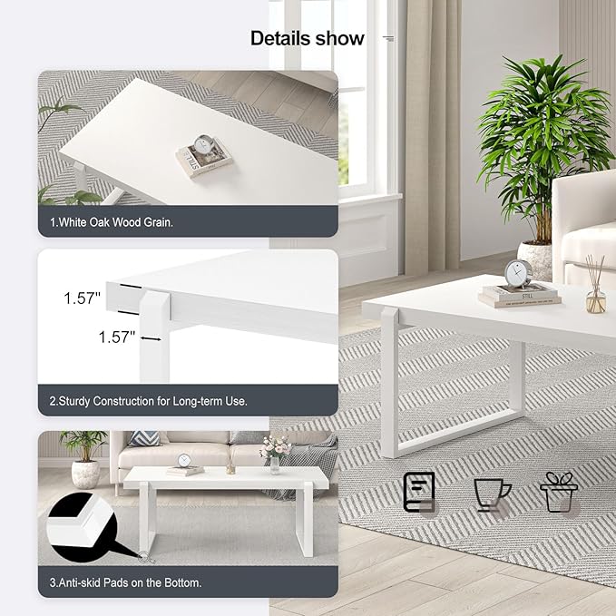 EXCEFUR Small Coffee Table, Modern Minimalist Wood and Metal Center Table for Living Room, Rustic Cocktail Tea Table for Office, White Oak, 44 Inch