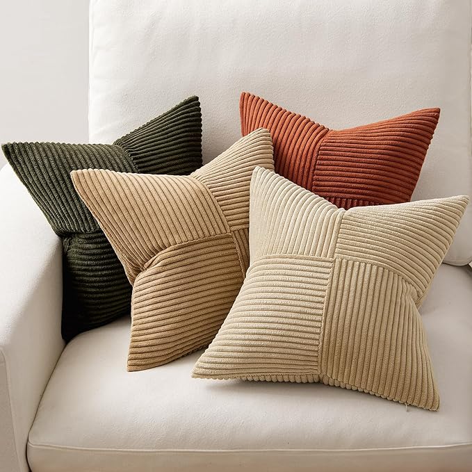 MIULEE Rust-Olive Green Decorative Throw Pillow Covers 18x18 Inch Set of 4 Boho Color-Clash Cushion Cases Farmhouse Pillow Cases Corduroy Striped Fall Home Decor for Couch Sofa Living Room Bed