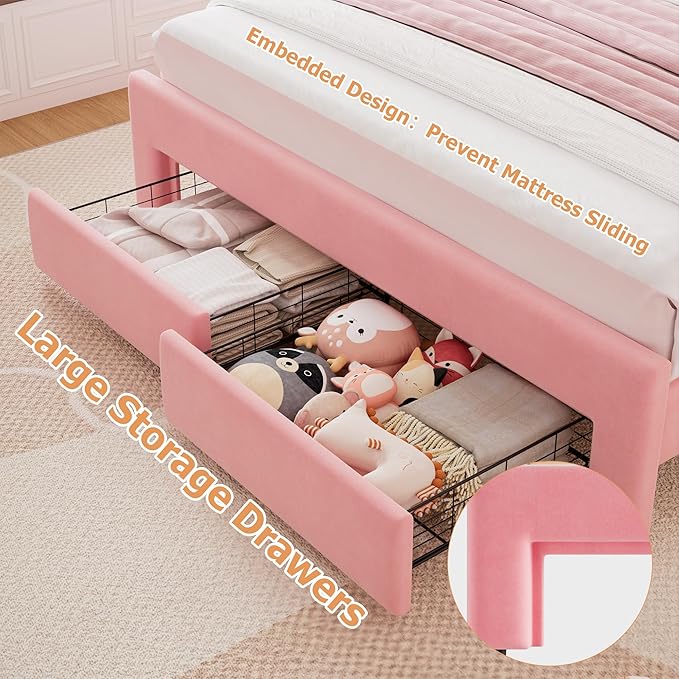 Full Upholstered LED Bed Frame with 2 Storage Drawers and Adjustable Chic Double Wavy Headboard, Velvet Princess Platform Bed with Charing Station, Solid Wood Slats Support,No Box Spring Needed, Pink