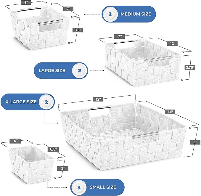 Sorbus Set of 9 Woven Storage Baskets – Mesh Hand-Woven Baskets for Organizing, Fabric Storage Bins for Linen Closet Organizer, Storage Baskets for Shelves, Home Organization and Decor (White)