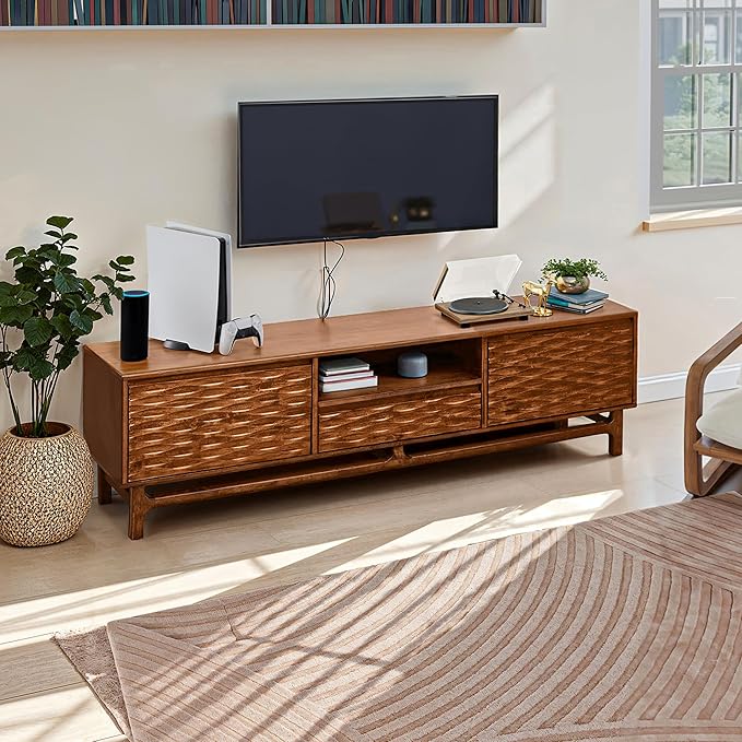Acacia Elara Wood TV Stand for TVs up to 75+ Inch Entertainment Center with Storage Shelves and Cable Management, Mid Century Modern TV Media Console Wood TV Stands for Living Room Bedroom, Walnut