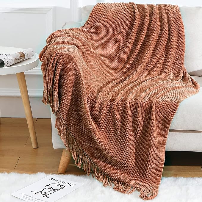 Blagic Knitted Throw Blanket for Couch Soft Farmhouse Boho Throw Blanket with Tassels Home Decorative Lightweight Throw Blankets,Maple Brown Throws for Bed/Chair/Sofa, Stripe Textured,60" W x 80" L