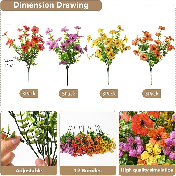 Artificial Flowers Faux Plants Outdoor Fake Flowers Spring Decor,12 Bundles Realistic Plastic Plant Colorful Daisy UV Resistant for Porch Patio Home Yard Garden Window Box Pot Planters