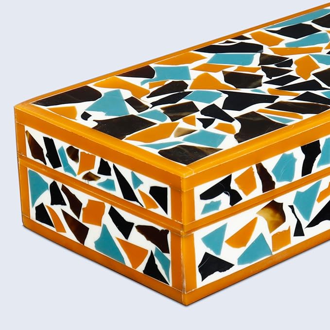 Handicrafts Home Handmade Mosaic Collection Decorative Jewelry Box Organizer – Keepsakes, Trinkets, and Home Decor – Antique Coffee Table Storage, Memory Box, Farmhouse Style Decor Gold, 10x4.5x2.5