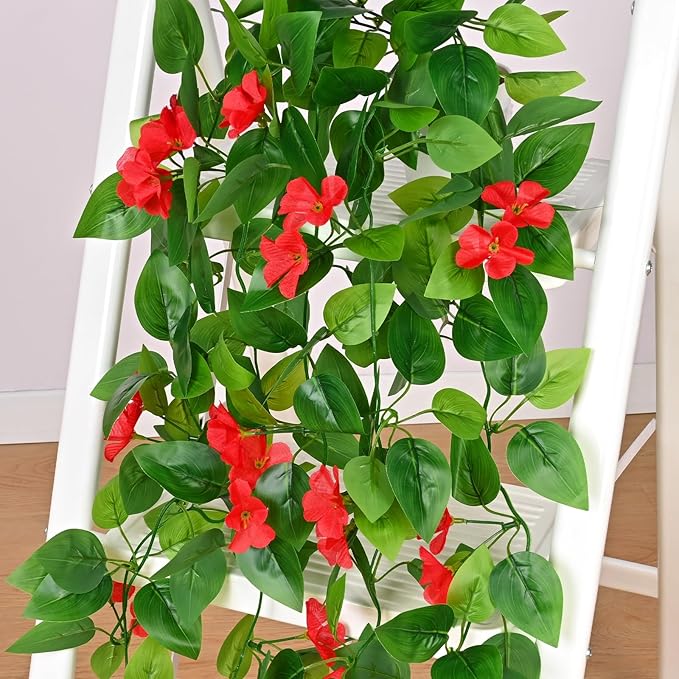 BLEUM CADE Artificial Hanging Flowers for Outdoors, 4pcs Fake Hanging Plants Pothos Vines with Red Flowers for Wall Home Living Room Indoor Outdoor Decor (No Baskets)