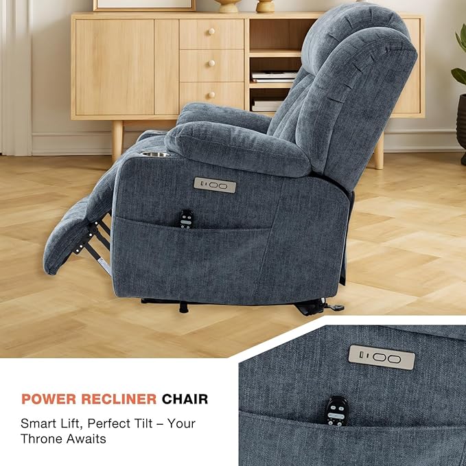 Power Lift Recliner Chair, 350lb Capacity with 8-Point Massage & Heating, USB/Type-C Ports & Cup Holders, Heavy Duty Chenille Recliner for Elderly, Blue Grey