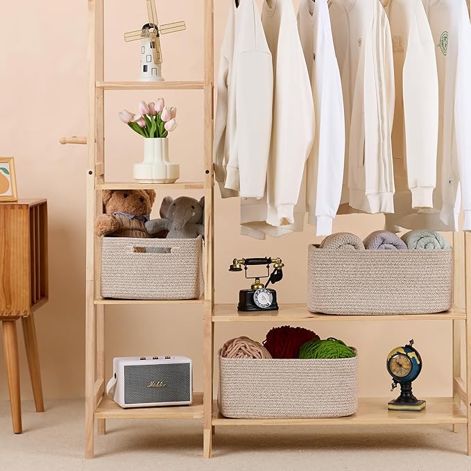 Large Storage Baskets for Organizing, Closet Shelf Baskets for Clothes Blanket Towels, Baby Nursery, Toy Bins Box, Woven Rope Baskets, 17 x 13 x 7.5”, 4 Packs Mixed Brown