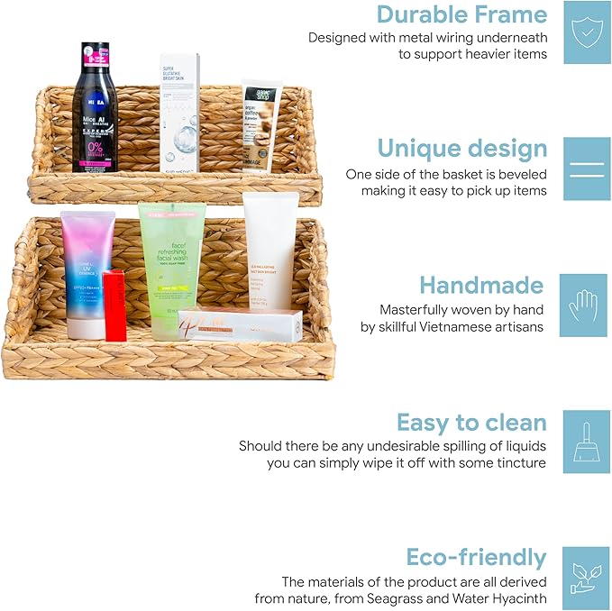 VATIMA Water Hyacinth Storage Baskets with Large Open-Front for Kitchen, Decorative for Living Room, 13.4” x 9.5” x 5.5”, 2 Pack