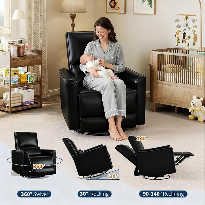 GarveeHome Recliner Chair, 360° Swivel Rocker Glider Nursery Chair with Padded Armrest and Deep Seat, PU Leather Upholstered Reclining Sofa Chair for Living Room, Bedroom and Nursery (Charcoal)
