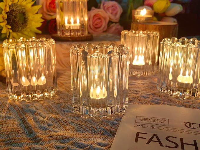 GOLDEAL 12Pcs Clear Glass Votive Candle Holders Tealight Holders Decorative, Tea Candle Holders Bulk,Candlestick for Wedding, Party,Dinner, Home Table Decor.