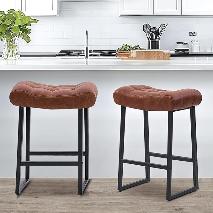 Modern Bar Stools Set of 2 for Kitchen Counter 24 inch Counter Height Backless Barstools with Upholstered Faux Leather Saddle Seat and Metal Frame Industrial Bar Chairs, Brown