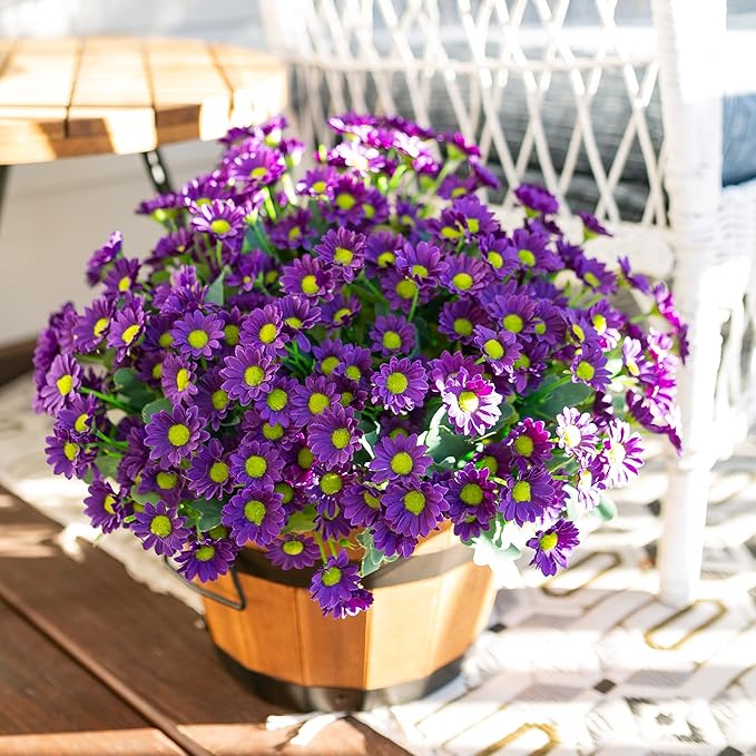 Daisy Artificial Flowers for Outdoors Summer Fall Decoration, 6 Bundles Fake Mums Purple Silk Flowers for Outside Look Real UV Resistant Faux Flowers Plants for Planter Front Door Home Indoor Porch
