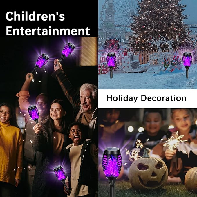 Solar Lights Outdoor Halloween Decorations, Upgraded 4 Pack Purple Solar Torch Lights with Flickering Flame, Waterproof Halloween Lights Outdoor, Tiki Torches for Outside Patio Pathway Decor