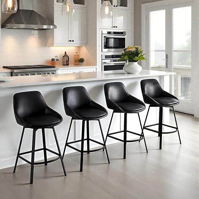 Zesthouse Swivel Counter Height Stools Set of 2, Modern Upholstered Barstools with Backs, 26'' Faux Leather High Chairs for Island Kitchen, Counter Height Chairs with Metal Legs, Black