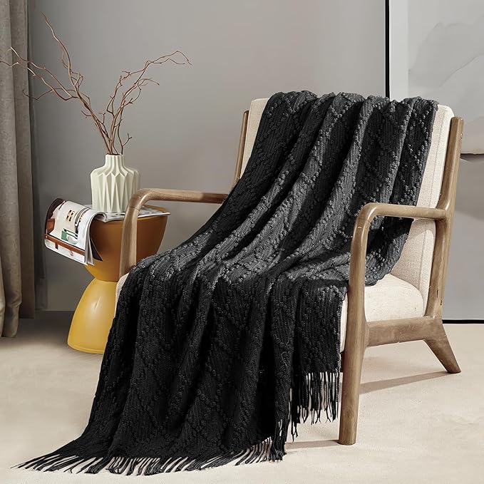 BOURINA Black Throw Blanket 50 x70 Inches Jacquard Argyle Throw Textured Solid Soft Throws and Blankets for Sofa or Bed Knitted Decorative Blanket