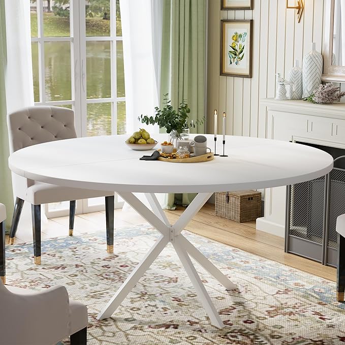 47.24" Round Dining Table, Modern Dining Room Table for 4-6 Person, Wood Round Kitchen Table with Metal Legs, Round Coffee Table for Home Dining Room Living Room (White)
