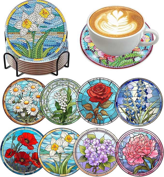 8 PCS Flowers Diamond Art Coasters Kits, Diamond Painting Coasters with Holder Set of 8, DIY Drink Coasters Art Crafts Supplies for Adults Cup Mat for Home Decor House Warming Gifts Non-Slip 3.9inch