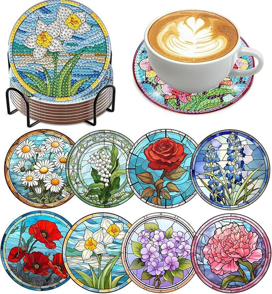 8 PCS Flowers Diamond Art Coasters Kits, Diamond Painting Coasters with Holder Set of 8, DIY Drink Coasters Art Crafts Supplies for Adults Cup Mat for Home Decor House Warming Gifts Non-Slip 3.9inch