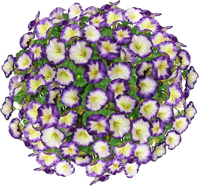 Artificial Hanging Flowers Basket, Fake Plants, Faux Silk Petunias Eucalyptus, for Spring Summer Outdoor Decoration, UV Resistant, Coconut Planter wtih Morning Glories, for Patio Garden Decor (Pruple)