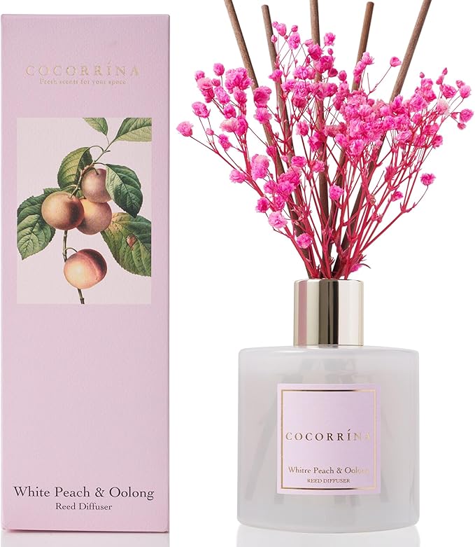 Cocorrína Reed Diffuser Sets - 6.7 oz. White Peach& Oolong Scented Diffuser with 8 Sticks Home Fragrance Reed Diffuser for Bathroom Shelf Decor