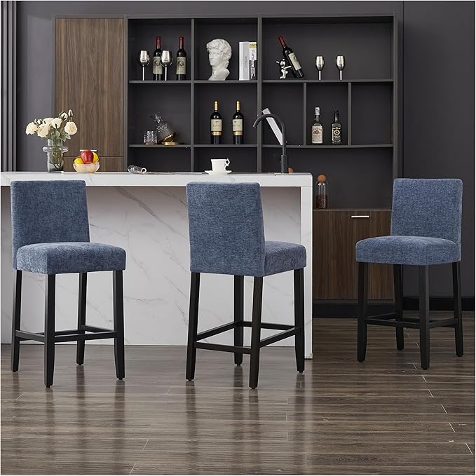 26'' Velvet Chenille Bar Stools Set of 2, Modern Upholstered Bar Height Bar Chairs, Soild Wood Legs Barstools with Back, Blue