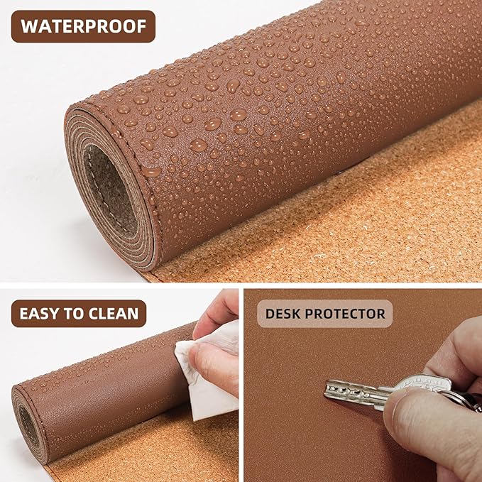 Leather Desk pad Protector, Large Desk mat with Natural Cork & PU Leather,Mouse pad,Non-Slip Office Desk Mat,Waterproof Desk Writing Pad for Office and Home (47in*17in, Brown)