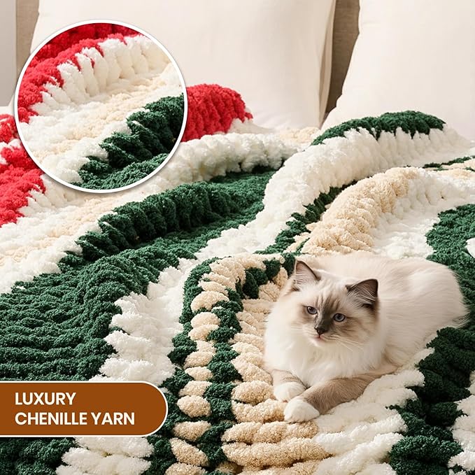 L'AGRATY Chunky Knit Blanket Throw: 50''x60'' Chenille Chunky Knitted Throw Blankets for Bed Couch - Handmade Thick Cable Knit Blanket - Large Crochet Rope Blankets for Home Decor