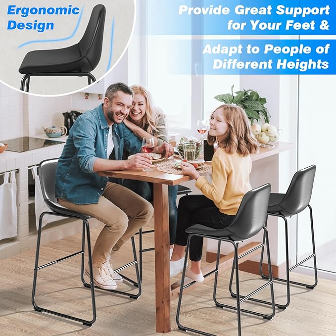 Rfiver Pu Faux Leather Bar Stools Set of 2, Industrial Pub Barstools with Back and Footrest, Modern Armless Bar Height Stool Chairs (Black, 30" Barstool x2)