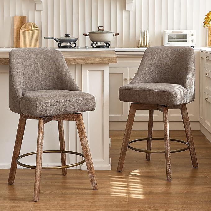 IWOOD Mid Century Modern Counter Height Bar Stools Set of 2,360° Swivel Barstools with Solid Wood Legs,26'' Island Chairs with Wrap-Around Backrest,Grey Linen Comfort Fabric