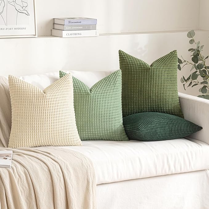 MIULEE Natural Green Pillow Covers 18x18 Inch Set of 4 Modern Nordic Neutral Throw Pillows Forest Inspired Soft Corduroy Summer Couch Pillowcases Home Decor for Sofa Living Room Bed
